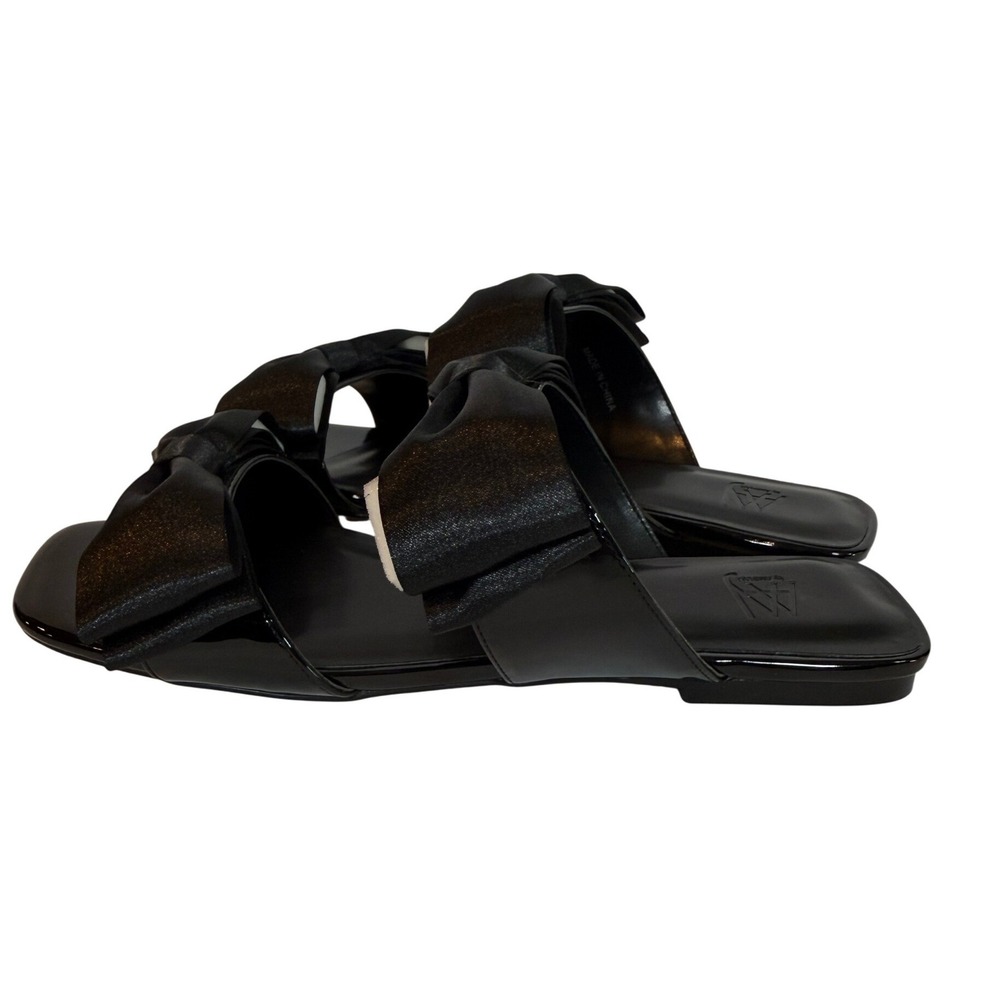 Aminah Abdul Jillil Jody Bow Flat Sandals Black Patent Leather Square Toe 9 NWB9 - Picture 2 of 7